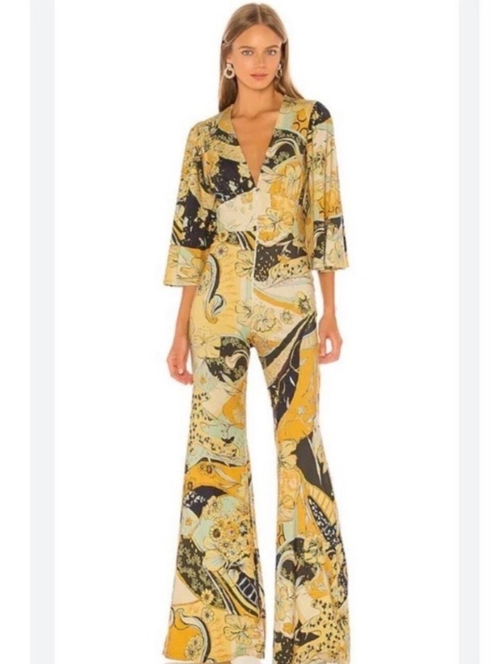 Free People Night Fever Boho Groovy Yellow Multi-Print Lounge Jumpsuit medium